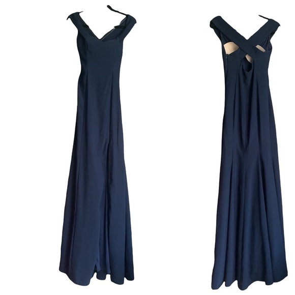 Dessy Collection Off-the-Shoulder Criss Cross Trumpet Gown Style 3012 Midnight - Picture 2 of 9